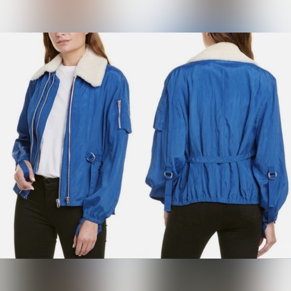 Helmut Lang Sheer Bomber Jacket Cobalt Blue Sz XS 100% Lamb Shearling Fur Collar - Picture 3 of 16